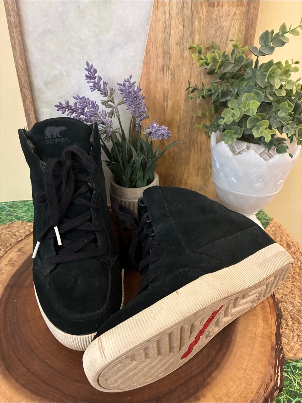 Sorel Black Suede High-Top Out and About Wedge Sneakers with White Sole